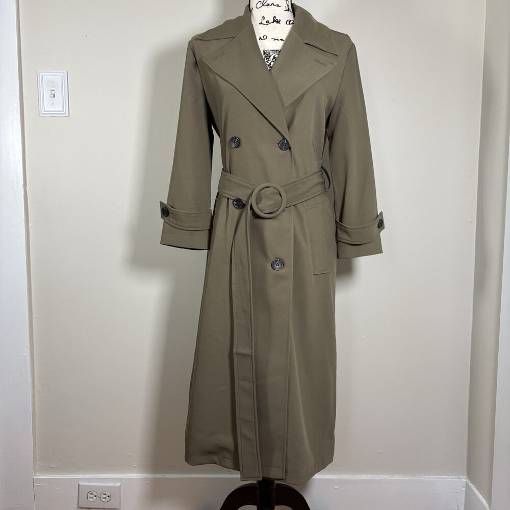 Avec Les Filles Stretch Crepe Double Breasted Belted Trench Coat Olive Green M - Picture 5 of 15